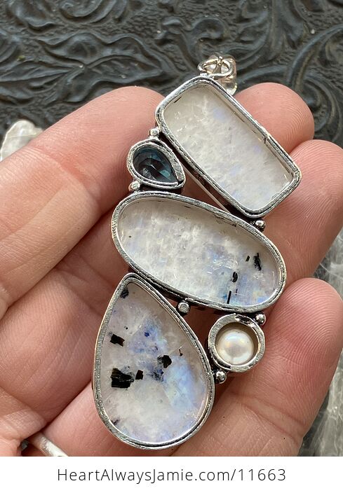 Large Flashy Rainbow Moonstone Pearl and Blue Topaz Gemstone Crystal Jewelry Pendant - #WZduILWyV94-9