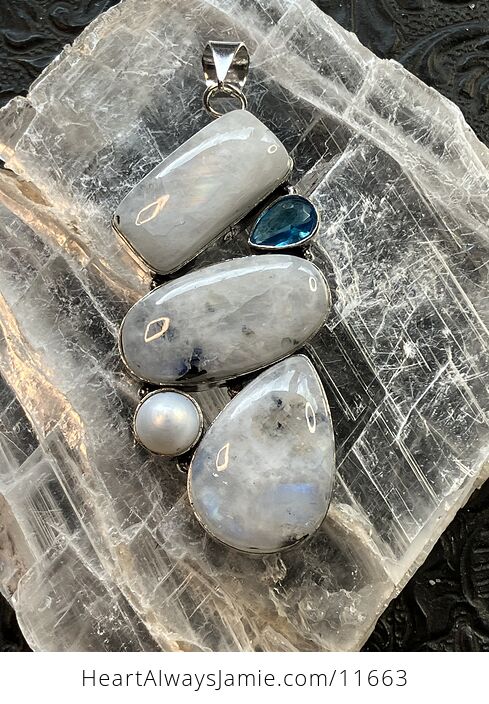 Large Flashy Rainbow Moonstone Pearl and Blue Topaz Gemstone Crystal Jewelry Pendant - #WZduILWyV94-5