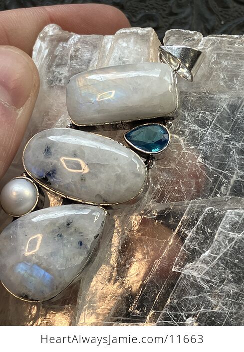 Large Flashy Rainbow Moonstone Pearl and Blue Topaz Gemstone Crystal Jewelry Pendant - #WZduILWyV94-8