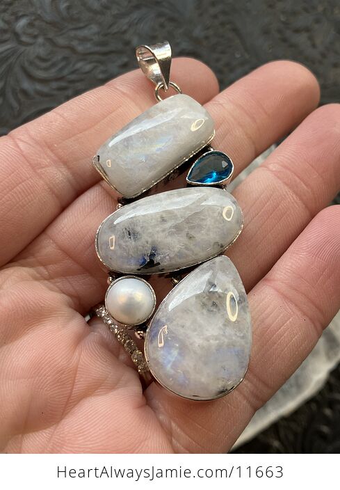 Large Flashy Rainbow Moonstone Pearl and Blue Topaz Gemstone Crystal Jewelry Pendant - #WZduILWyV94-3