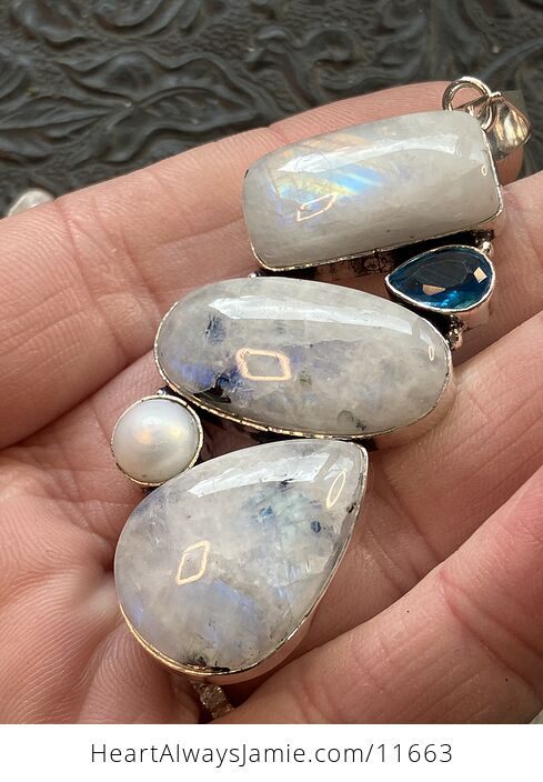 Large Flashy Rainbow Moonstone Pearl and Blue Topaz Gemstone Crystal Jewelry Pendant - #WZduILWyV94-1