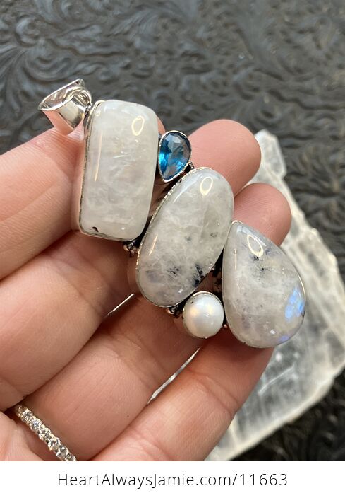 Large Flashy Rainbow Moonstone Pearl and Blue Topaz Gemstone Crystal Jewelry Pendant - #WZduILWyV94-4