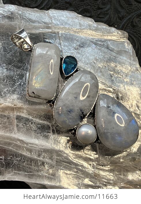 Large Flashy Rainbow Moonstone Pearl and Blue Topaz Gemstone Crystal Jewelry Pendant - #WZduILWyV94-7