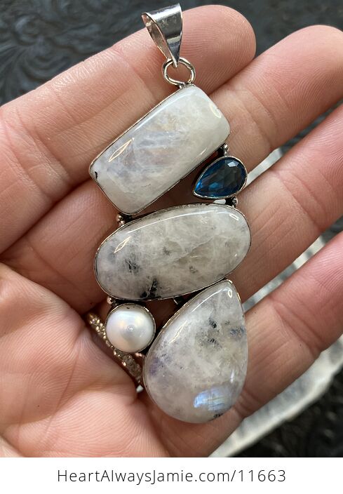 Large Flashy Rainbow Moonstone Pearl and Blue Topaz Gemstone Crystal Jewelry Pendant - #WZduILWyV94-2