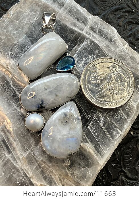 Large Flashy Rainbow Moonstone Pearl and Blue Topaz Gemstone Crystal Jewelry Pendant - #WZduILWyV94-6