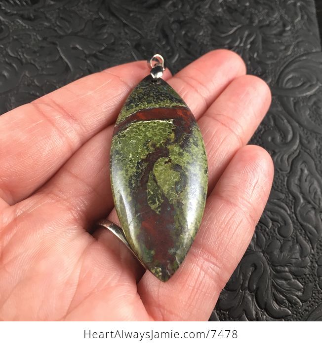 Large Green and Red African Dragon Bloodstone Jewelry Pendant - #5vj0xEVSfhs-5