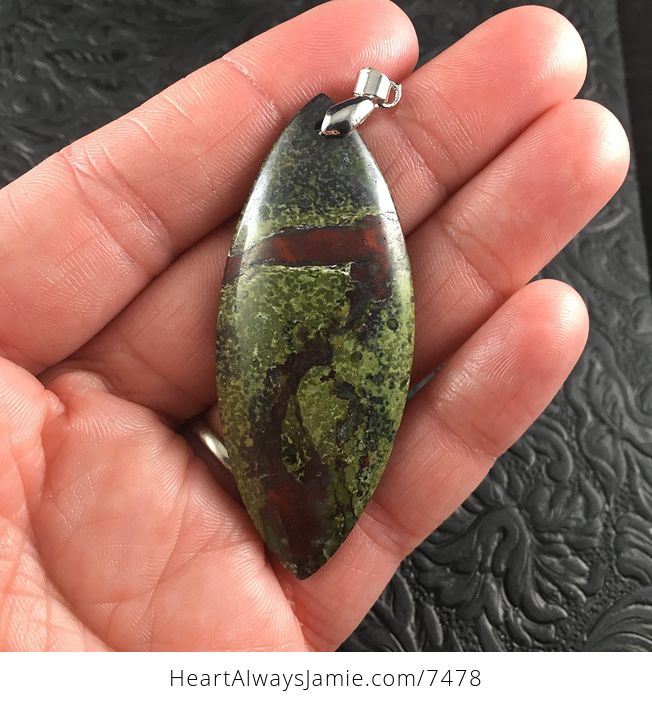 Large Green and Red African Dragon Bloodstone Jewelry Pendant - #5vj0xEVSfhs-1