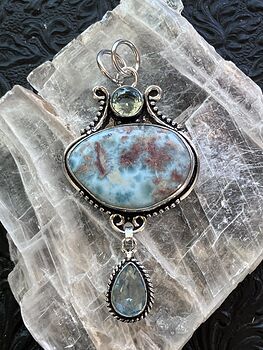 Large Natural Beige Green Blue and Red Larimar and Blue Topaz Gem Stone Jewelry Crystal Pendant #2LiA0cPzkAE