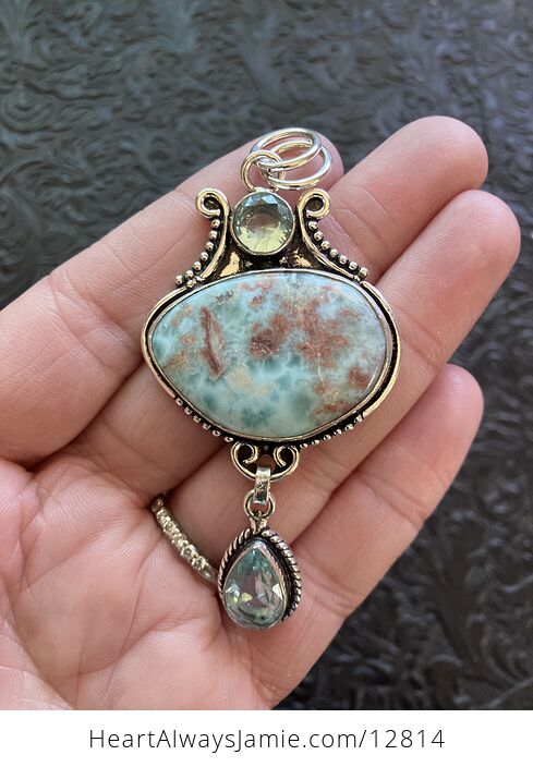 Large Natural Beige Green Blue and Red Larimar and Blue Topaz Gem Stone Jewelry Crystal Pendant - #2LiA0cPzkAE-2