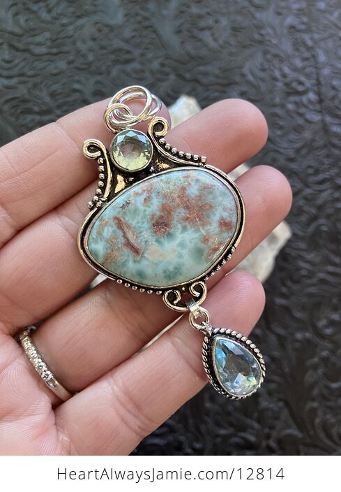 Large Natural Beige Green Blue and Red Larimar and Blue Topaz Gem Stone Jewelry Crystal Pendant - #2LiA0cPzkAE-3