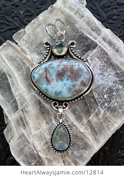 Large Natural Beige Green Blue and Red Larimar and Blue Topaz Gem Stone Jewelry Crystal Pendant - #2LiA0cPzkAE-1