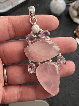 Large Pink Rose Quartz Kunzite and Pearl Crystal Stone Jewelry Pendant #527ZLNUM7hk