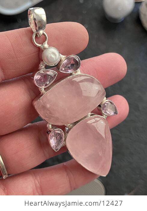 Large Pink Rose Quartz Kunzite and Pearl Crystal Stone Jewelry Pendant - #527ZLNUM7hk-3