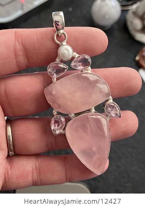 Large Pink Rose Quartz Kunzite and Pearl Crystal Stone Jewelry Pendant - #527ZLNUM7hk-1