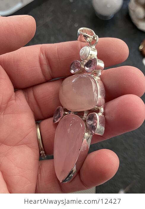 Large Pink Rose Quartz Kunzite and Pearl Crystal Stone Jewelry Pendant - #527ZLNUM7hk-4