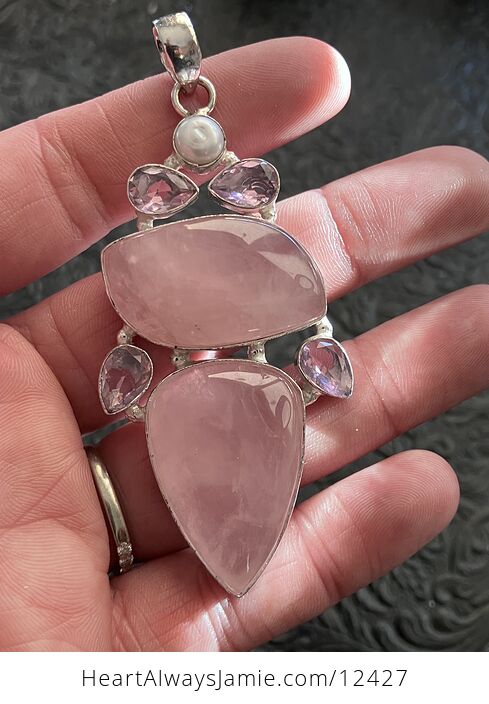 Large Pink Rose Quartz Kunzite and Pearl Crystal Stone Jewelry Pendant - #527ZLNUM7hk-2