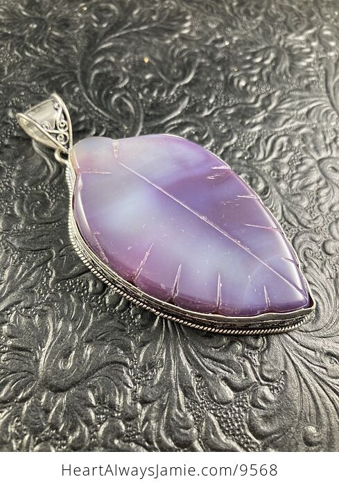 Large Purple Chalcedony Agate Carved Leaf Crystal Stone Jewelry Pendant - #zk08arCAVR8-4