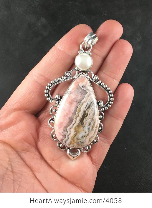 Large Stunning Natural Argentine Rhodochrosite Stone and Pearl Pendant Jewelry - #l3AfY5r2q8c-1