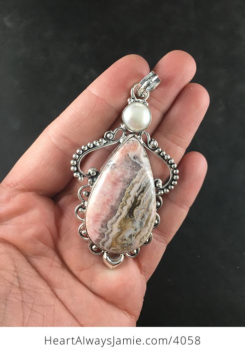 Large Stunnnig Natural Argentine Rhodochrosite Stone and Pearl Pendant Necklace Jewelry - #l3AfY5r2q8c-2