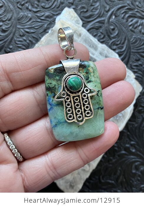 Larimar Hamsa Hand and Moss Agate Stone Jewelry Crystal Pendant - #V7V3Zj14kAg-1