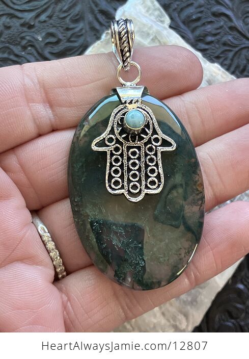 Larimar Hamsa Hand and Moss Agate Stone Jewelry Crystal Pendant - #eBAHQiZJvp4-2