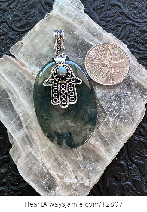 Larimar Hamsa Hand and Moss Agate Stone Jewelry Crystal Pendant - #eBAHQiZJvp4-6