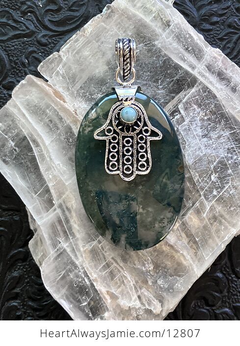 Larimar Hamsa Hand and Moss Agate Stone Jewelry Crystal Pendant - #eBAHQiZJvp4-1