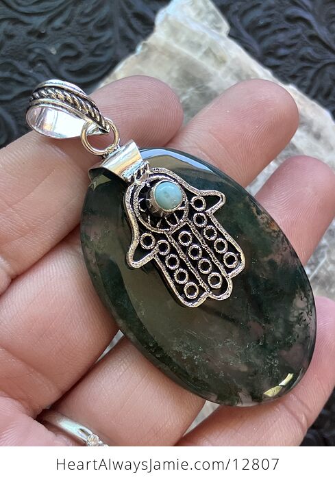 Larimar Hamsa Hand and Moss Agate Stone Jewelry Crystal Pendant - #eBAHQiZJvp4-3