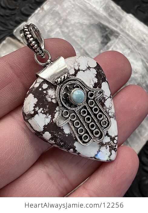 Larimar Hamsa Hand and Wild Horse Turquoise Magnesite Crazy Horse Appaloosa Stone Jewelry Crystal Pendant - #gbjjIGr0Iqs-3