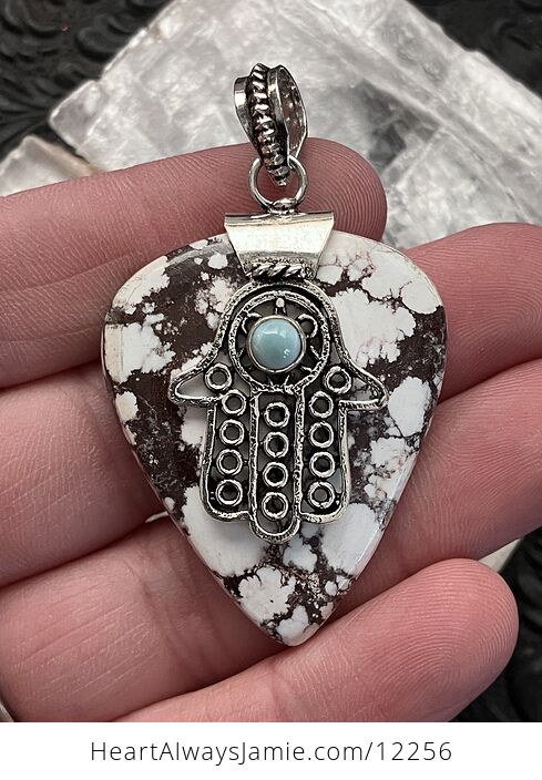 Larimar Hamsa Hand and Wild Horse Turquoise Magnesite Crazy Horse Appaloosa Stone Jewelry Crystal Pendant - #gbjjIGr0Iqs-1