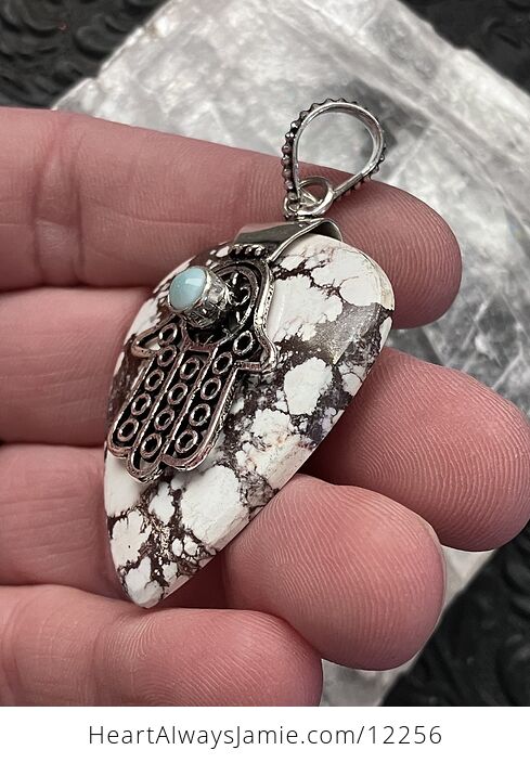 Larimar Hamsa Hand and Wild Horse Turquoise Magnesite Crazy Horse Appaloosa Stone Jewelry Crystal Pendant - #gbjjIGr0Iqs-4