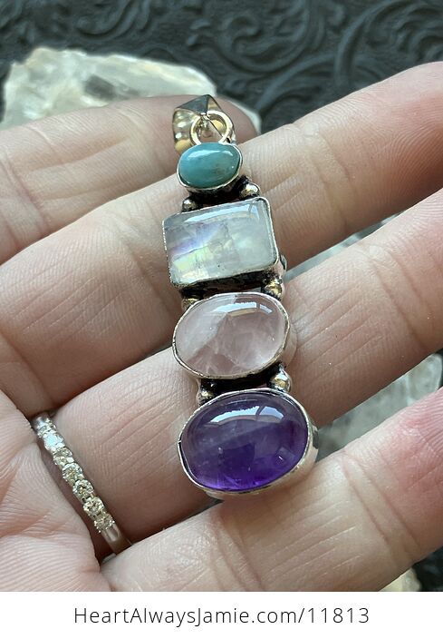 Larimar Rainbow Moonstone Rose Quartz and Amethyst Crystal Gemstone Jewelry Pendant - #5kk2WQ3VSeI-10