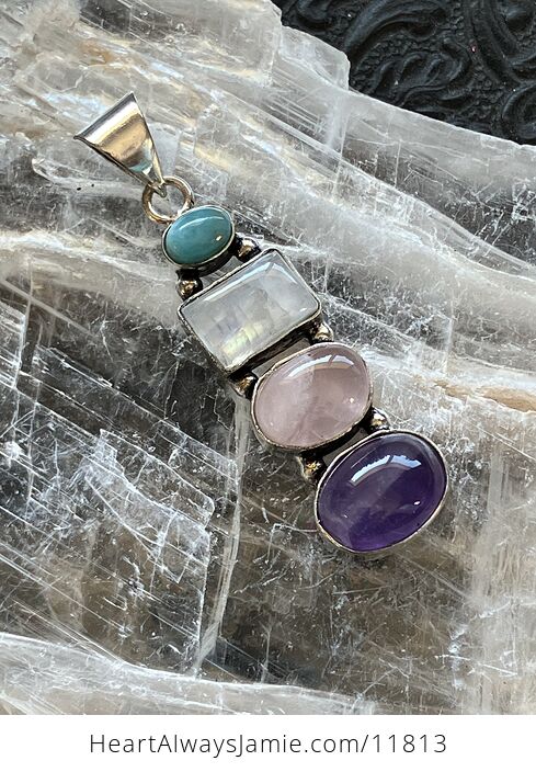 Larimar Rainbow Moonstone Rose Quartz and Amethyst Crystal Gemstone Jewelry Pendant - #5kk2WQ3VSeI-1