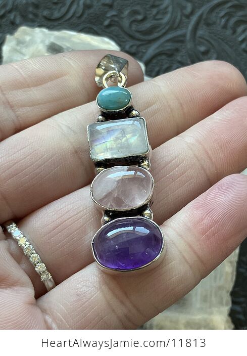 Larimar Rainbow Moonstone Rose Quartz and Amethyst Crystal Gemstone Jewelry Pendant - #5kk2WQ3VSeI-9