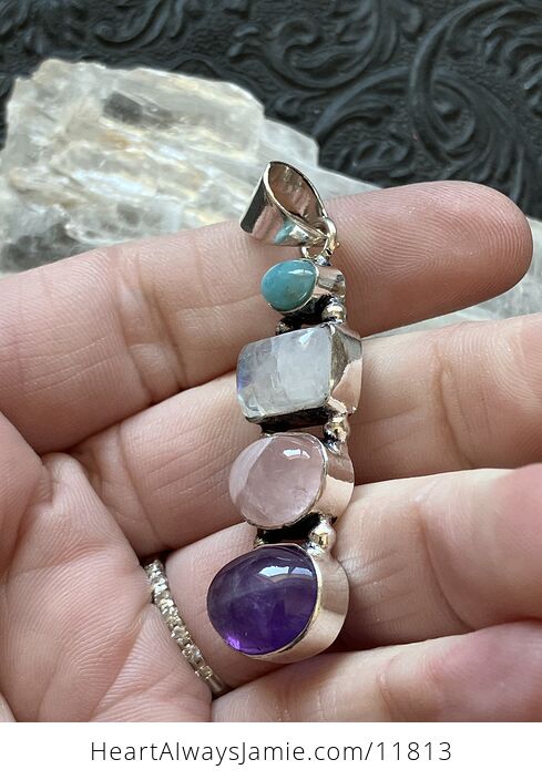 Larimar Rainbow Moonstone Rose Quartz and Amethyst Crystal Gemstone Jewelry Pendant - #5kk2WQ3VSeI-7