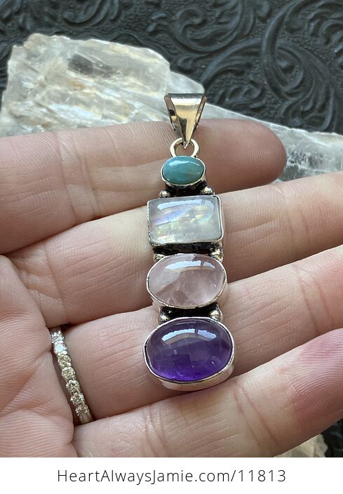 Larimar Rainbow Moonstone Rose Quartz and Amethyst Crystal Gemstone Jewelry Pendant - #5kk2WQ3VSeI-5