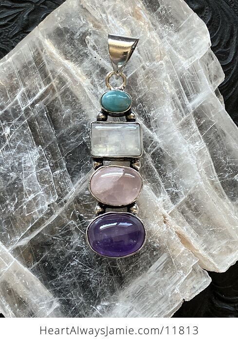 Larimar Rainbow Moonstone Rose Quartz and Amethyst Crystal Gemstone Jewelry Pendant - #5kk2WQ3VSeI-2