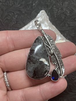 Larvikite Blue Topaz and Feather Pendant Crystal Stone Jewelry #am3dxZfmlsM