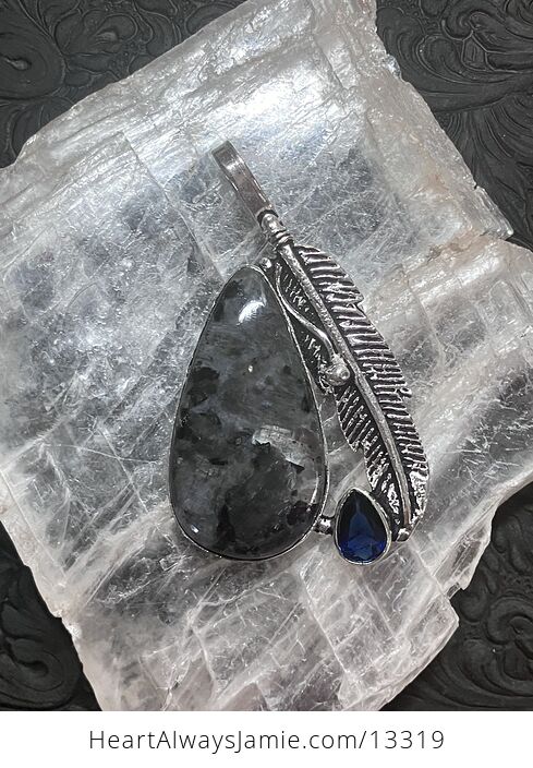 Larvikite Blue Topaz and Feather Pendant Crystal Stone Jewelry - #am3dxZfmlsM-3