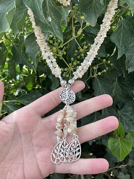 Leaf Necklace with Flashy Peach Moonstone Crystal Chips and Metal Beads #4BP4mNv7dWs