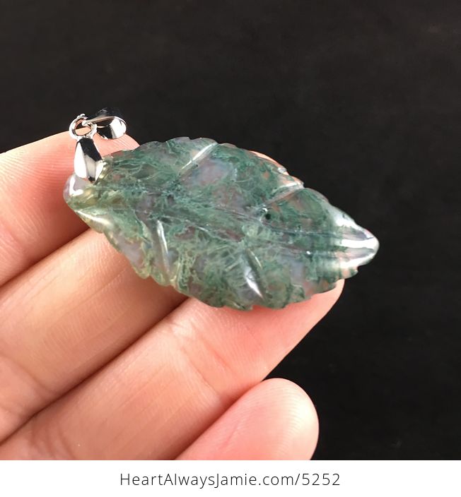 Leaf Shaped Carved Moss Agate Stone Pendant Necklace - #dqup2dfgQGg-4