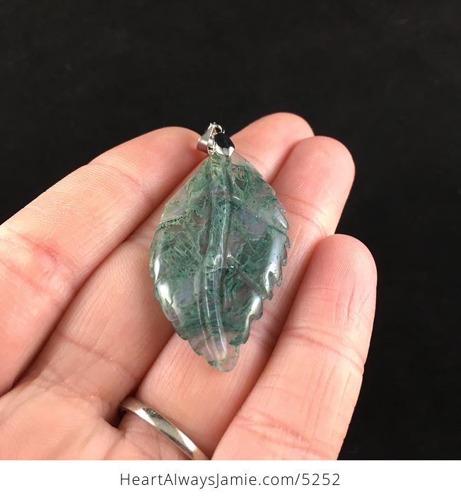 Leaf Shaped Carved Moss Agate Stone Pendant Necklace - #dqup2dfgQGg-2