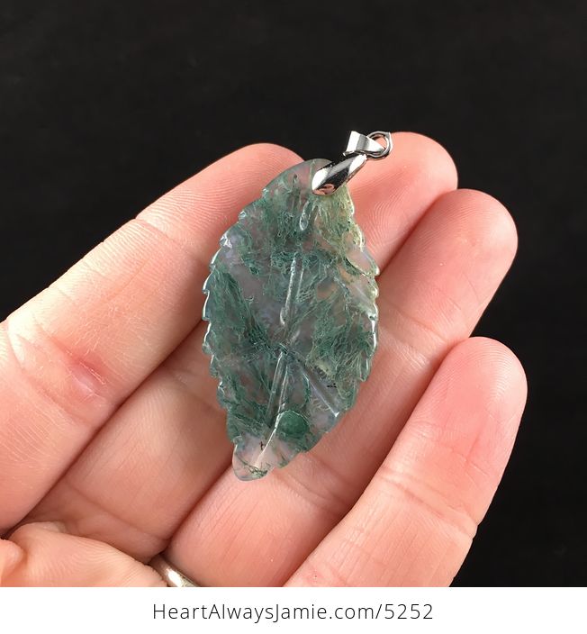 Leaf Shaped Carved Moss Agate Stone Pendant Necklace - #dqup2dfgQGg-6