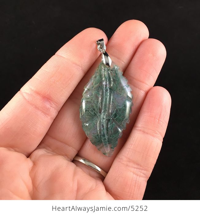 Leaf Shaped Carved Moss Agate Stone Pendant Necklace - #dqup2dfgQGg-1