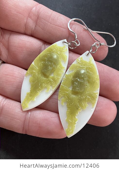 Lemon and White Jade Floral Human Skull Stone Crystal Earrings - #moyPqe0QxFI-3