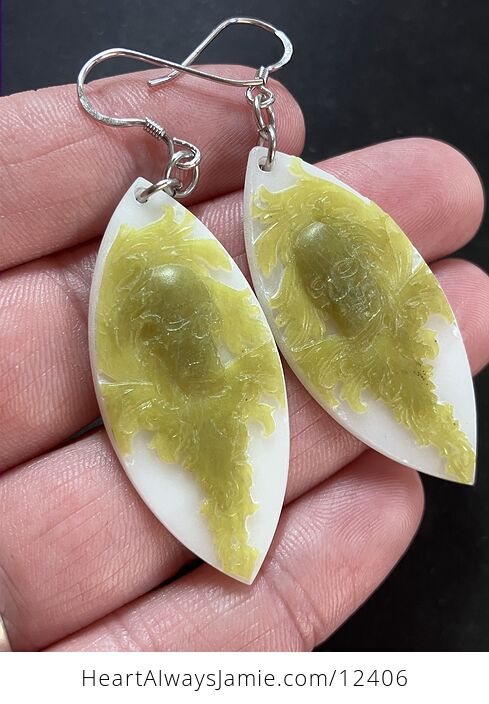 Lemon and White Jade Floral Human Skull Stone Crystal Earrings - #moyPqe0QxFI-1