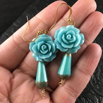 Light Blue Rose and Glass Drop Earrings with Gold Wire #R2SpGPsKVEY