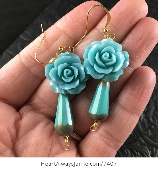 Light Blue Rose and Glass Drop Earrings with Gold Wire - #R2SpGPsKVEY-1