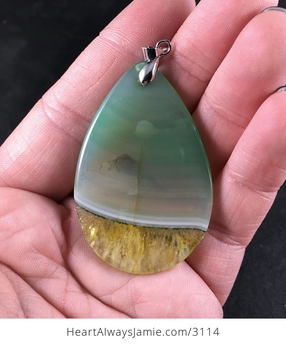 Light Green and Yellow Druzy Agate Stone Pendant Necklace - #eFuBrbhskks-2