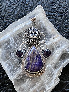 Lion Amethyst and Charoite Pendant Stone Crystal Jewelry #ZvK8jArMQ1c